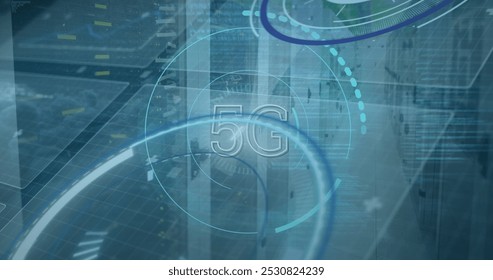 Image of 5g and processing circles over servers. network, communication, data processing and technology concept digitally generated image.