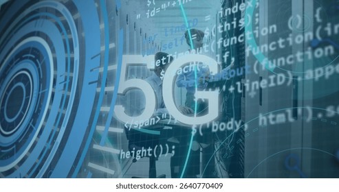 Image of 5g text banner against caucasian male and female engineers working at server room. Global networking and business data storage technology concept