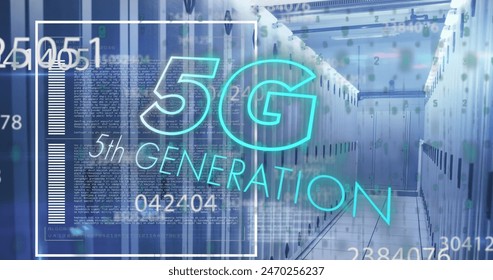 Image of 5g text banner, changing numbers and data processing against computer server room. Global networking and business data storage technology concept