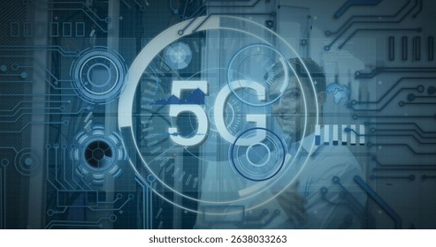 Image of 5g text banner and round scanners over caucasian male engineer at computer server room. Global networking and business data storage technology concept