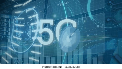 Image of 5g text banner, round scanners and data processing against night city traffic. Global networking and business technology concept