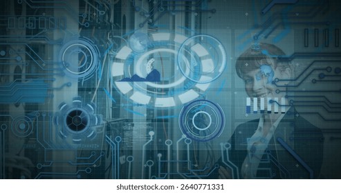 Image of 5g text banner and round scanners over caucasian female engineer at server room. Global networking and business data storage technology concept
