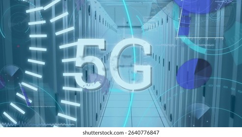 Image of 5g text banner, round scanners and data processing against computer server room. Global networking and business data storage technology concept