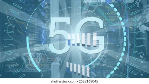 Image of 5g text, bar graph and circles with abstract pattern over storage system in server room. Digital composite, multiple exposure, communication, networking, technology and network server. - Powered by Shutterstock