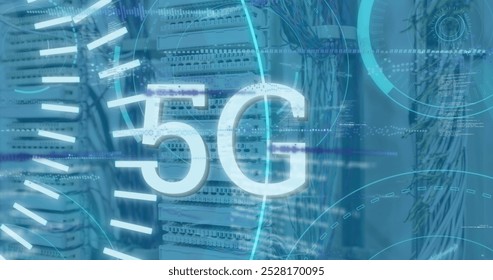 Image of 5g text, circles, soundwaves, radar, database over storage equipment in server room. Digital composite, multiple exposure, communication, networking, technology and network server. - Powered by Shutterstock