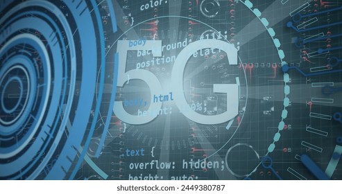 Image of 5g text and data processing over dark background. Global connections, data processing and digital interface concept digitally generated image.