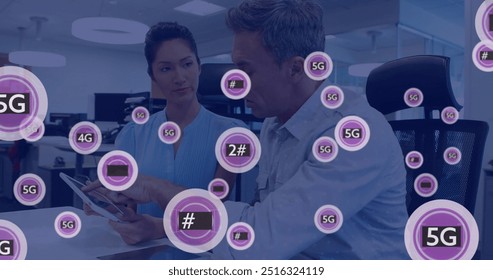 Image of 5g text and data processing over diverse business people using tablet. Global business, connections, computing and data processing concept digitally generated image.
