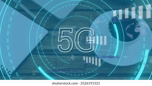 Image of 5g text and data processing against close up of a laptop and coffee cup on wooden table. Global networking and business data storage technology concept - Powered by Shutterstock