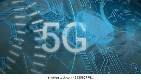 Image of 5g text, data processing over cables of computer server. global connections, data processing and computing concept digitally generated image.