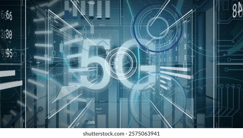 Image of 5g text and data processing on charts and scanners. Data, digital interface, connection and communication, digitally generated image.