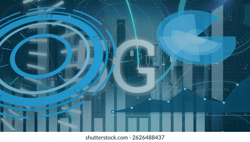 Image of 5g text and data processing over server room. Global connections, data processing and digital interface concept digitally generated image.