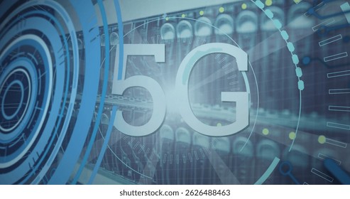 Image of 5g text and data processing over server room. Global connections, data processing and digital interface concept digitally generated image.