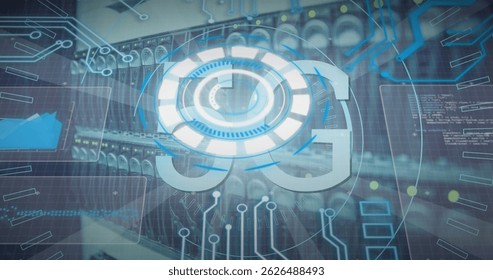 Image of 5g text and data processing over server room. Global connections, data processing and digital interface concept digitally generated image.