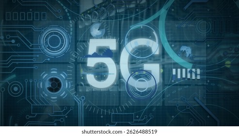 Image of 5g text and data processing over dark background. Global connections, data processing and digital interface concept digitally generated image.