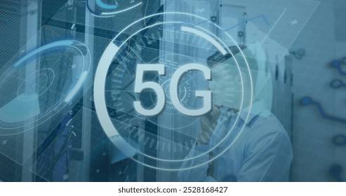 Image of 5g text, database, radars, confused caucasian technician looking at server storage. Digital composite, multiple exposure, communication, networking, technology, thinking, network server.