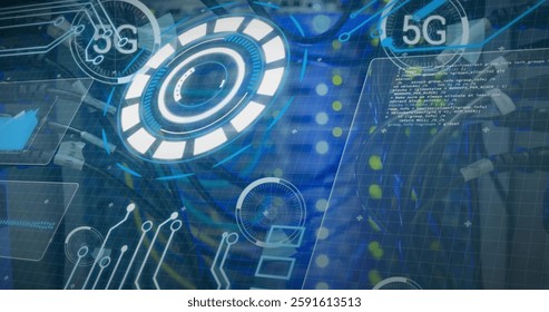 Image of 5g text and digital data processing over computer server. Global connections, computing and data processing concept digitally generated image.