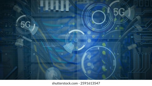 Image of 5g text and digital data processing over computer servers. Global connections, computing and data processing concept digitally generated image.
