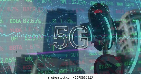 Image of 5g text and financial data processing over cityscape. Global finance, business, connections, computing and data processing concept digitally generated image.