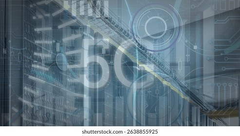Image of 5g text with graphs and charts processing data over computer server room. Global communication, business, data and digital interface concept digitally generated image.