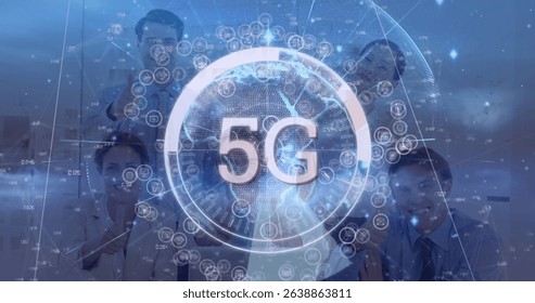 Image of 5g text and icons over diverse business people in office. Global business and digital interface concept digitally generated image.