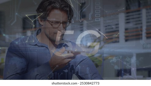 Image of 5g text and microprocessor connections over caucasian man talking on smartphone. Global networking and business technology concept