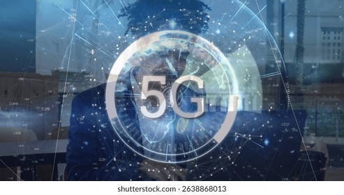 Image of 5g text, network of connections with globe and data over man using laptop. Global connections, networks and data processing concept digitally generated image.