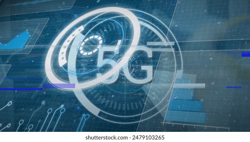 Image of 5g text, scope scanning and data processing over blue background. global connections data processing and digital interface concept digitally generated image.