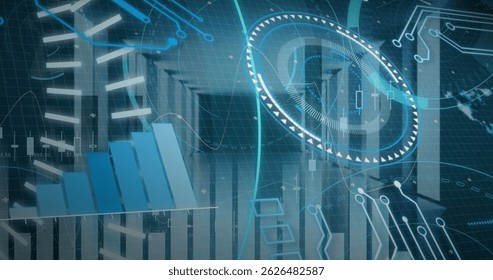 Image of 5g text, scopes scanning and data processing over servers. Global connections, data processing and digital interface concept digitally generated image.