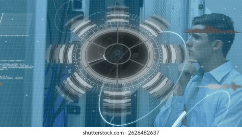 Image of 5g text, scopes scanning and data processing over male it engineer and servers. Global connections, data processing and digital interface concept digitally generated image.