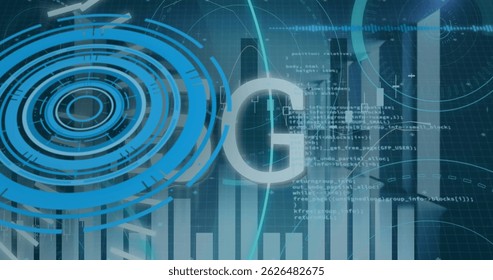 Image of 5g text, scopes scanning and data processing over servers. Global connections, data processing and digital interface concept digitally generated image.