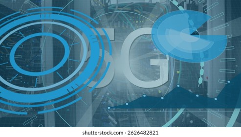 Image of 5g text, scopes scanning and data processing over servers. Global connections, data processing and digital interface concept digitally generated image.