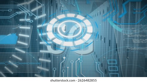 Image of 5g text, scopes scanning and data processing over servers. Global connections, data processing and digital interface concept digitally generated image.