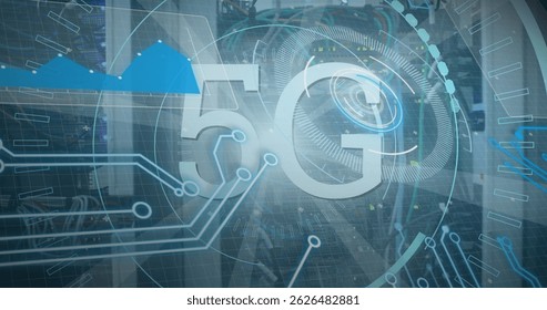 Image of 5g text, scopes scanning and data processing over server. Global connections, data processing and digital interface concept digitally generated image.