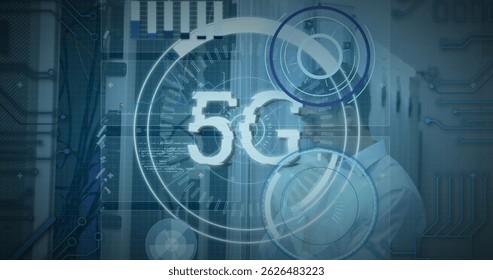 Image of 5g text, scopes scanning, data processing over caucasian male it engineer and servers. Global connections, data processing and digital interface concept digitally generated image. - Powered by Shutterstock - Get 15% off with code: PIKWIZARD15