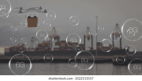 Image of 6g and drone with box over cargo ship. Global delivery, shipping and digital interface concept digitally generated image. - Powered by Shutterstock