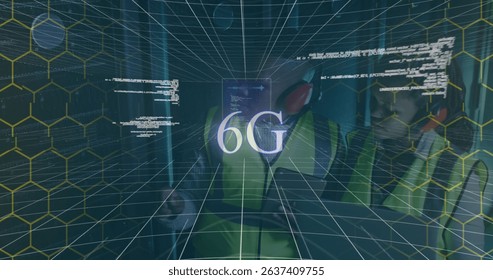 Image of 6g generation text and data processing over dark background. Global connections, data processing and digital interface concept digitally generated image.