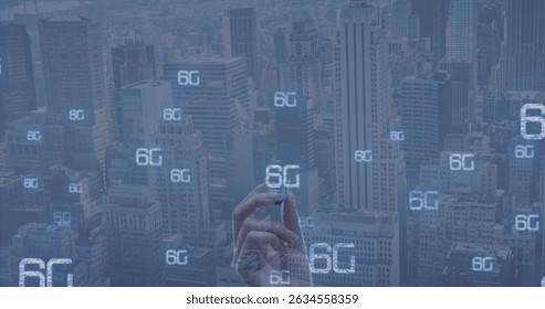 Image of 6g and hand of caucasian woman with bulb over cityscape. Data processing, technology and idea concept digitally generated image.