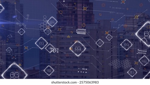 Image of 6g icons, networks and data processing over city at night. Data, digital interface, connection and communication, digitally generated image.