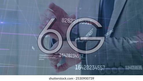 Image of 6g and numbers over caucasian businessman using smartwatch. Computers, network, data processing and technology concept digitally generated image. - Powered by Shutterstock