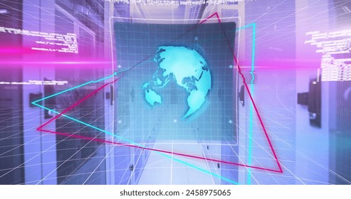 Image of 6g over neon triangular shapes and data processing against computer server room. Global networking and business data storage technology concept