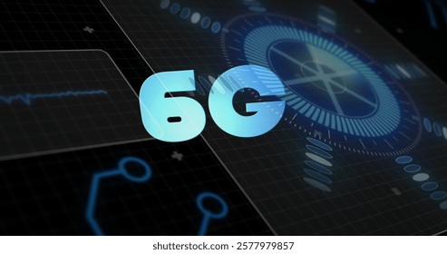 Image of 6g over scope scanning and data processing on black background. Global technology, computing and digital interface concept digitally generated image.