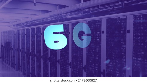 Image of 6g over violet server room. Communication, global network and technology concept digitally generated image. - Powered by Shutterstock