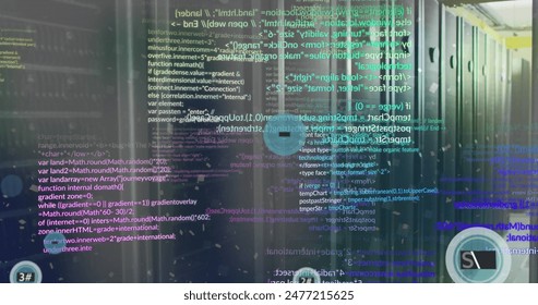 Image of 6g text in circles, computer language over data server room. Digital composite, telecommunication, futuristic, programming language, data center, networking and technology concept.