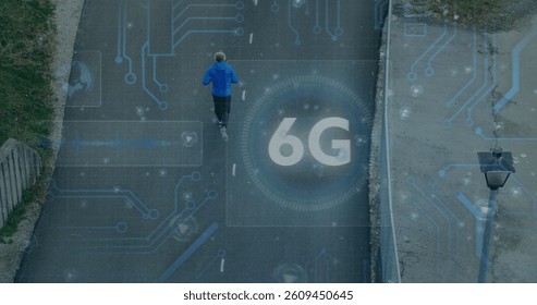 Image of 6g text, circuit board elements and scope scanning over jogger in city. global networking, technology and digital interface concept digitally generated image.