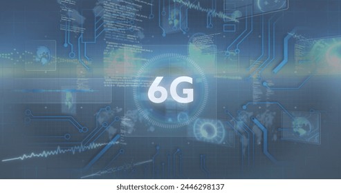 Image of 6g text with computer motherboard and digital information moving on dark background. communication technology digital interface concept, digitally generated image. - Powered by Shutterstock - Get 15% off with code: PIKWIZARD15