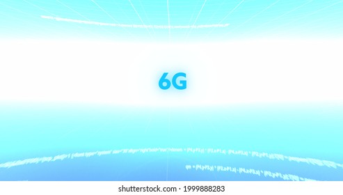 Image of 6g text, data processing and scope scanning on screens over blue and white background. global network of connections and technology concept digitally generated image.