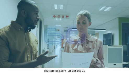 Image of 6g text and data processing over diverse business people in office. Global connections, business, finance, computing and data processing concept digitally generated image.