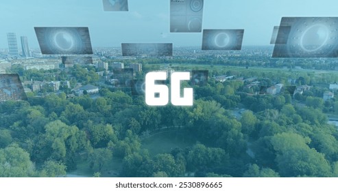 Image of 6g text, data processing and scopes scanning on screens over cityscape. global networking, technology and digital interface concept digitally generated image.