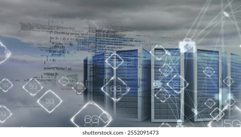 Image of 6g text, data processing over computer servers. Global finance, business, connections, cloud computing and data processing concept digitally generated image.