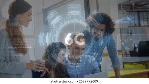 Image of 6g text and data processing over diverse colleagues talking in office. Global business and digital interface concept digitally generated image.